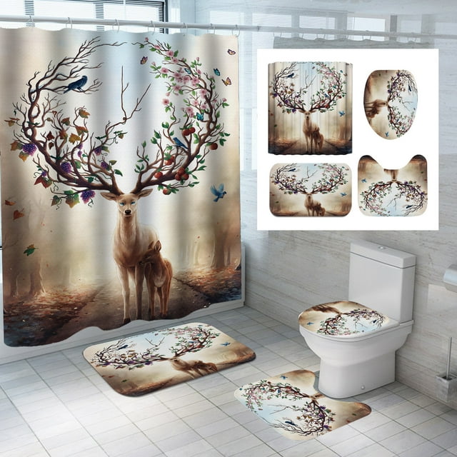 Set de 4 piezas para decoración de baño, cortinas de ducha con forma de ciervo