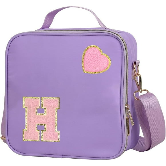 shiyou-Insulated Nylon Lunch Box for Girls, Kids, and Women-Stylish Purple Preppy Large Lunch Bag with Adjustable Strap (Letter H), Tote for School, Travel, and Picnics-Ideal Preppy Stuff Choice