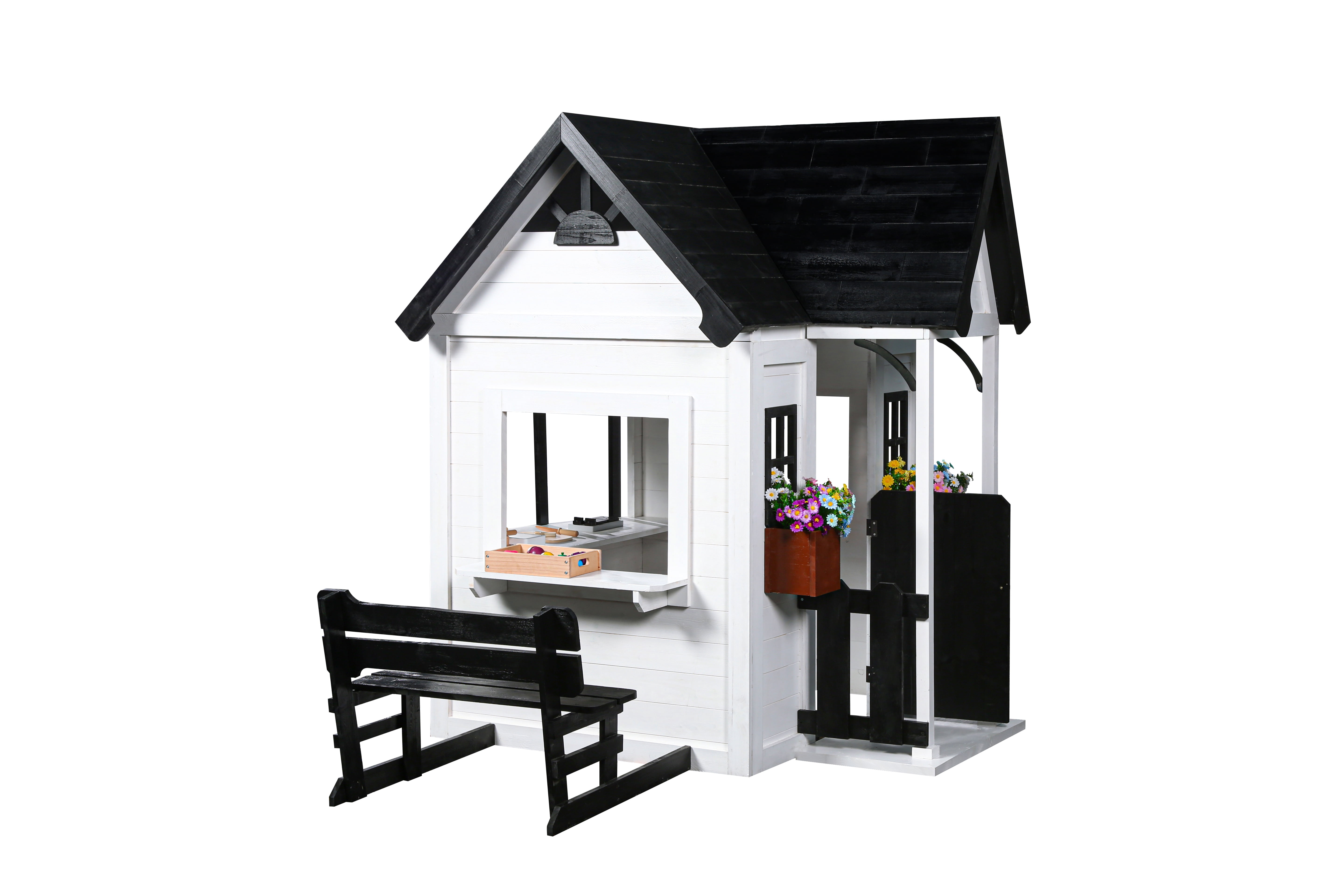 2MamaBees Oceano Playhouse | White & Black Farmhouse Design with Kitchen and Garden
