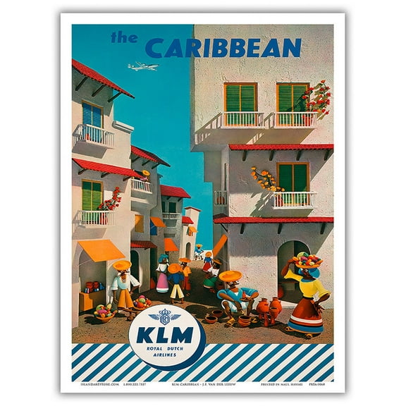 The Caribbean - Royal Dutch Airlines KLM - Vintage Airline Travel Poster by J. F. Van Der Leeuw c.1960s - Master Art Print (Unframed) 9in x 12in