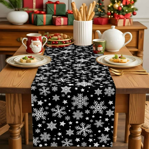 Christmas Winter Snowflakes Table Runner Dresser Scarf,Kitchen Dining Table Decoration Black and White Linen Table Runners for Home Wedding Indoor Outdoor Party,13x70in
