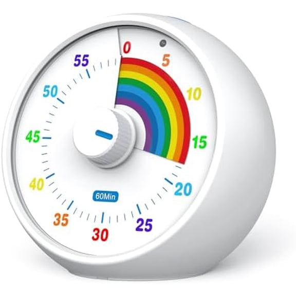 Visual Timer for Kids, 60-Minute Countdown for Classroom Office Kitchen, Desk Timer Kids Time Management Tools with Silent Operation, Pomodoro Timer Rainbow Pattern(White)