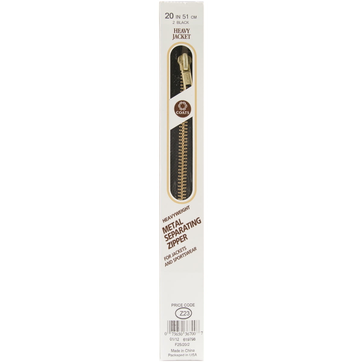 (2 pack) Coats & Clark Heavy Weight Metal 20" Black Separating Sewing Zipper, 1 Each