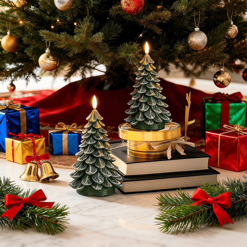 Homemory Christmas Tree Candles with 6 Hours Timer, 2 Pcs Waxy LED Flameless Candles Flickering, Green Electric Candles Battery Operated for New Year Celebration Holiday Decorations 8.5 Inches