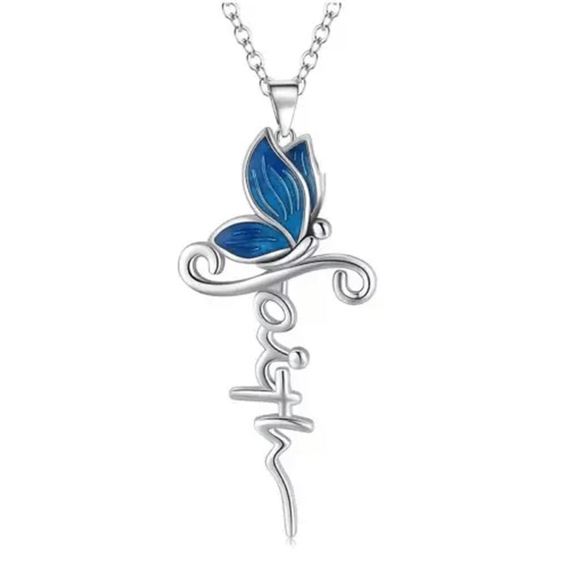 HOOUN Pendentif Croix Papillon Bleu Collier Cadeau Argenté Tendance Femmes Hommes Tendance