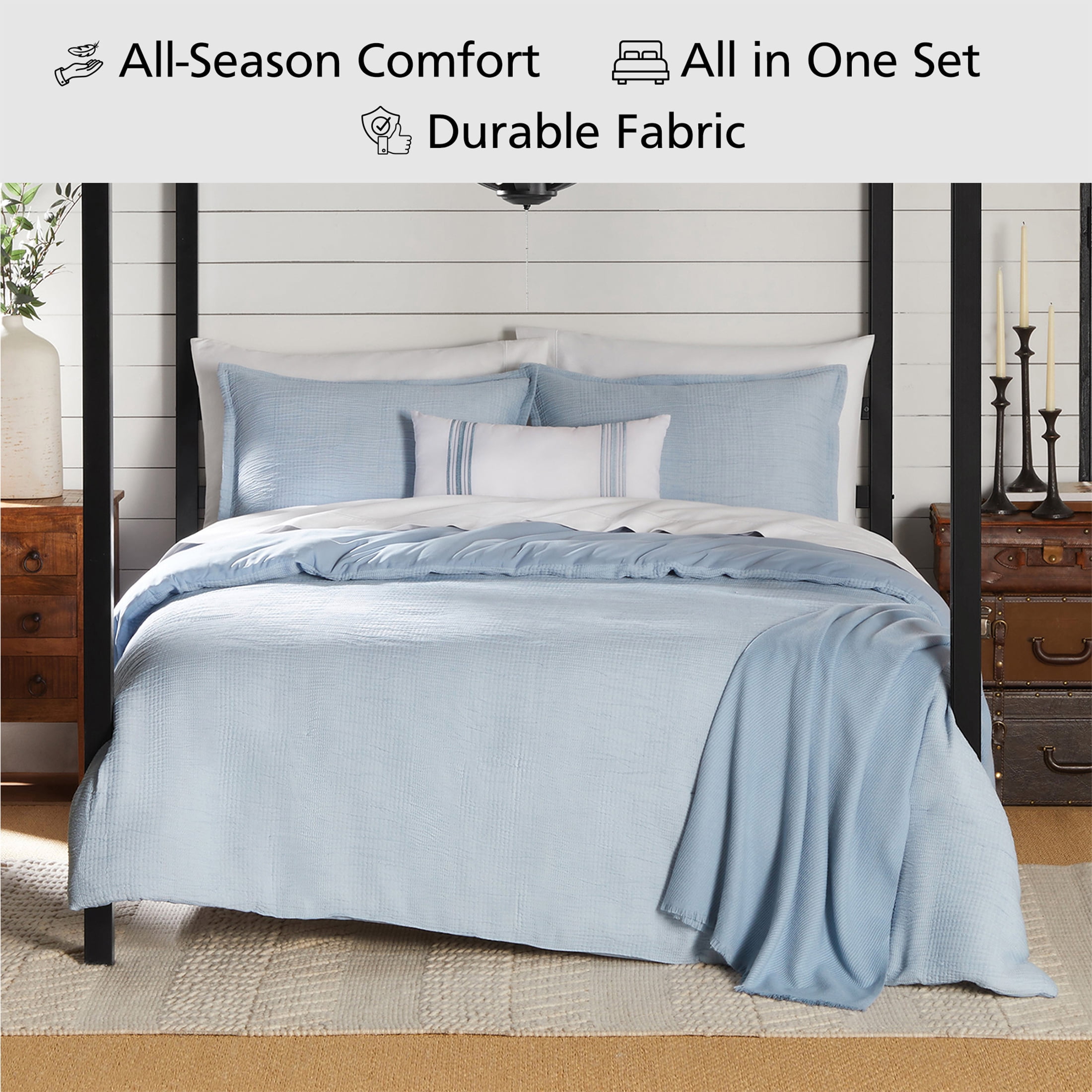 Mainstays Full/Queen 5-Piece All-Season Comforter Set, Blue Tonal Stripe Matelasse