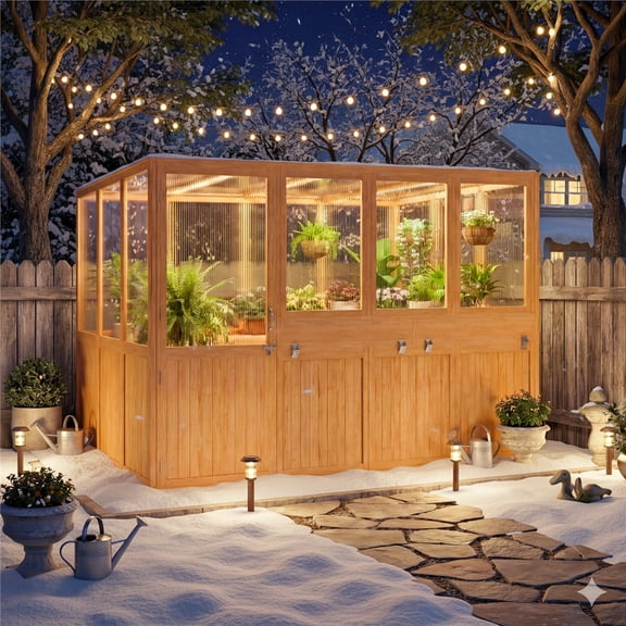 AECOJOY 6x10 FT Wood Greenhouse For Outdoor,Heavy Duty Lean-to Walk-in Greenhouse with Polycarbonate Panels,Openable Vent and Lockable Door,Backyard Garden
