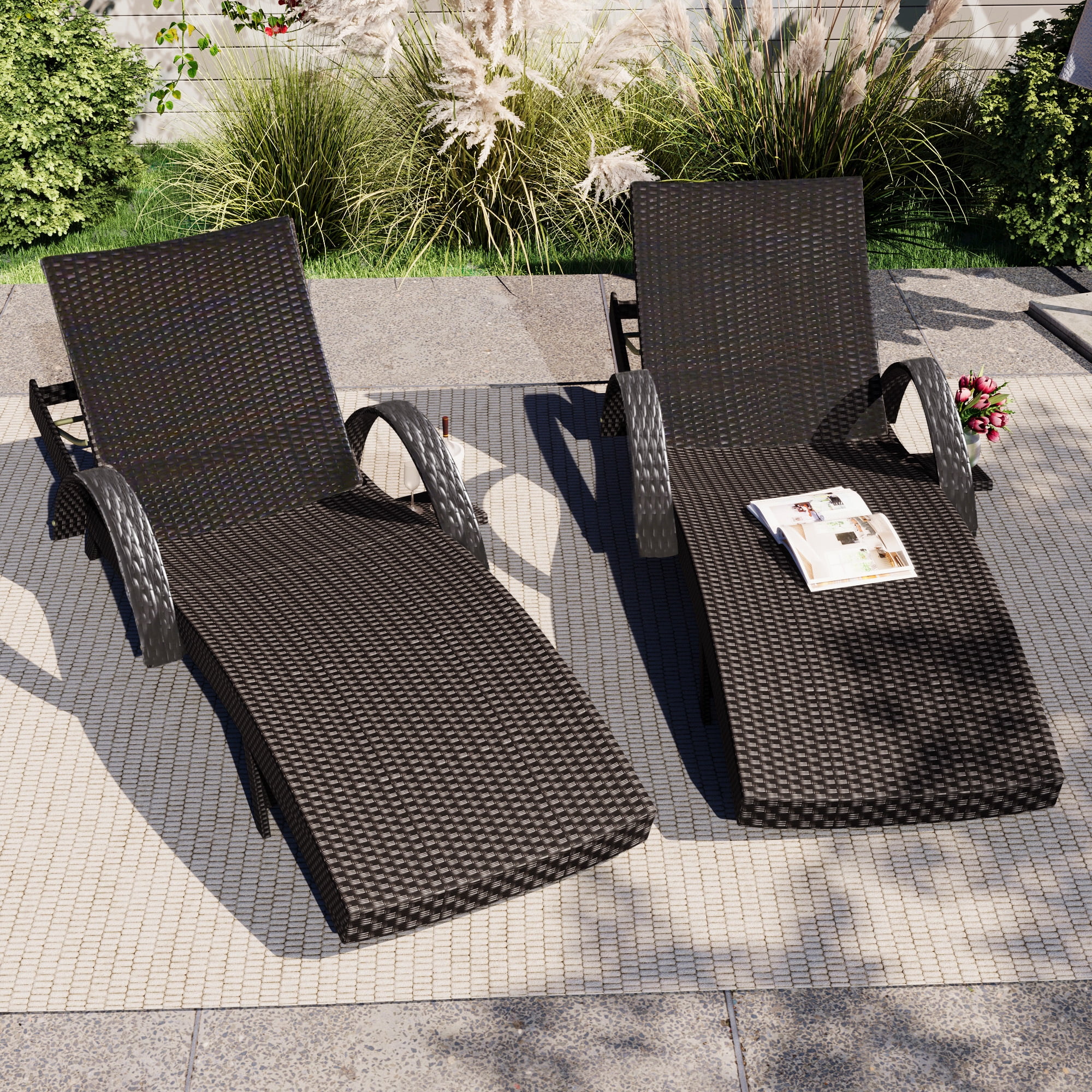 2 Pack Outdoor Wicker Reclining Lounge Chair, 5 Position Adjustable Backrest Pool Side Patio Lounger with Pull Out Side Table, Dark Brown