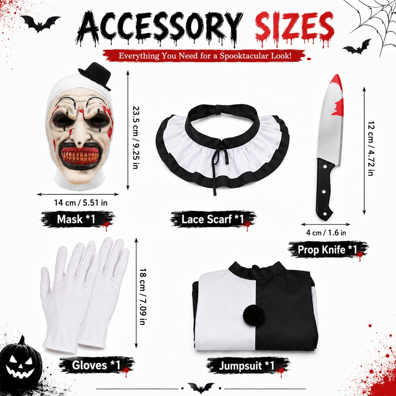 GOBWCOT Kids Clown Costume Terrifying Killer Black & White Scary Clown Jumpsuit Outfit with Mask, Knife Prop, Gloves for Halloween