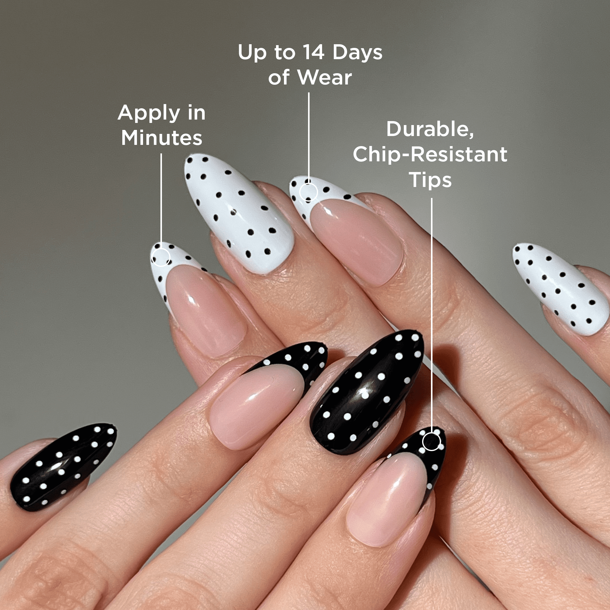 PaintLab Medium Almond Press On Nails, Black White Polka Dot, 30 Count