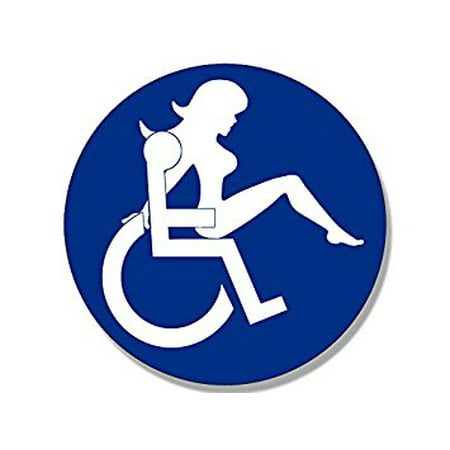 (handicapped funny) Size: 4 x 4. Round BLUE Wheelchair Logo w SEXY GIRL Cat...