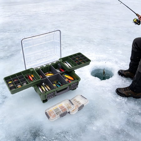 YUQXICC 36.5*29*17.5cm Olive Green Fishing Tackle Storage Box with Small Removable Tackle Tray for Fishing Enthusiasts