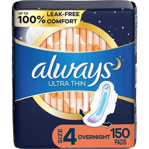Always Ultra Thin Feminine Pads For Women, Size 4 Overnight Absorbency, Multipack, With Wings, Unscented, 50 Count (Pack of 3), 150 Count Total