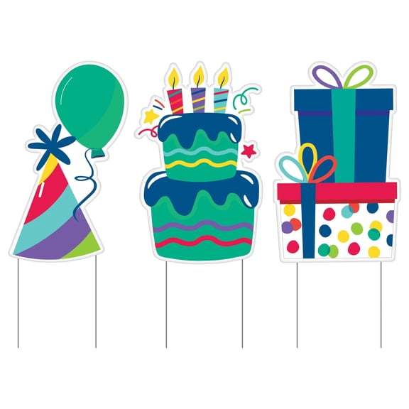 Amscan Outdoor Yard Stake Sign Decorations, Blue and Green, 16 in, 3 Count, Birthday Party