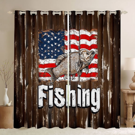 Feelyou Country Fishing Animal Black Out Curtains for Men Boys, Rustic Wooden Cabin Curtains Pack of 2 (42x63 Each), Brown