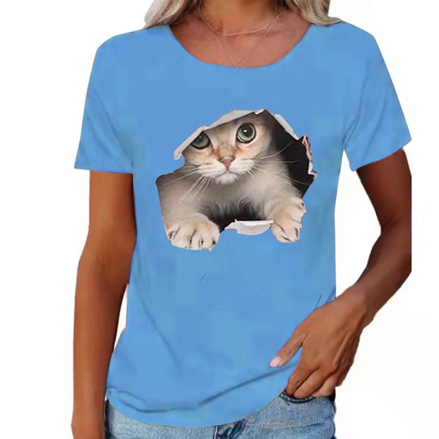 Camiseta de manga corta, camiseta de cuello redondo, camiseta para mujer, camiseta con estampado de gato, funcionamiento suave