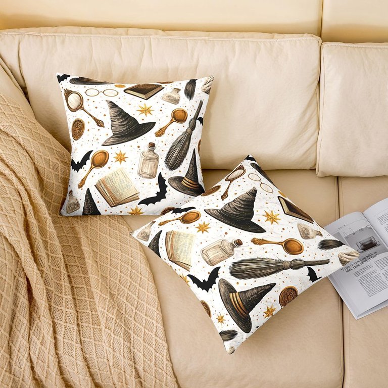 Cute Bat Magic Book Witch Hat Star Print Double Sides Halloween Cushion ...