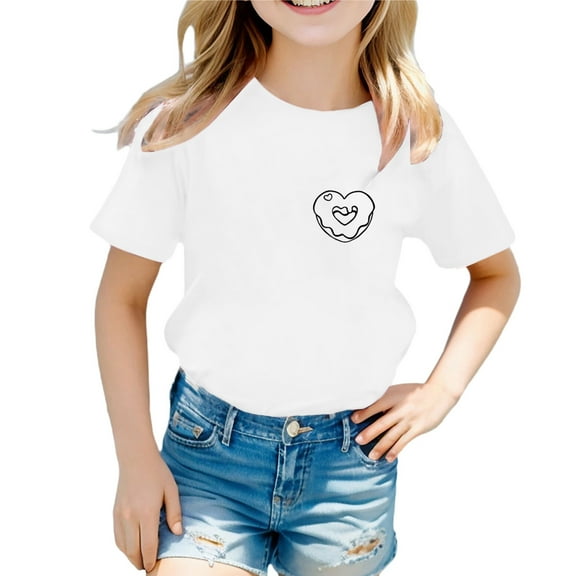 Tisuna Summer T Shirt For Child Girls Heart Print Short Sleeve Crew Neck Tops Lightweight Soft Girls Summer Daily Wear Clothes White Size 4-5 Years