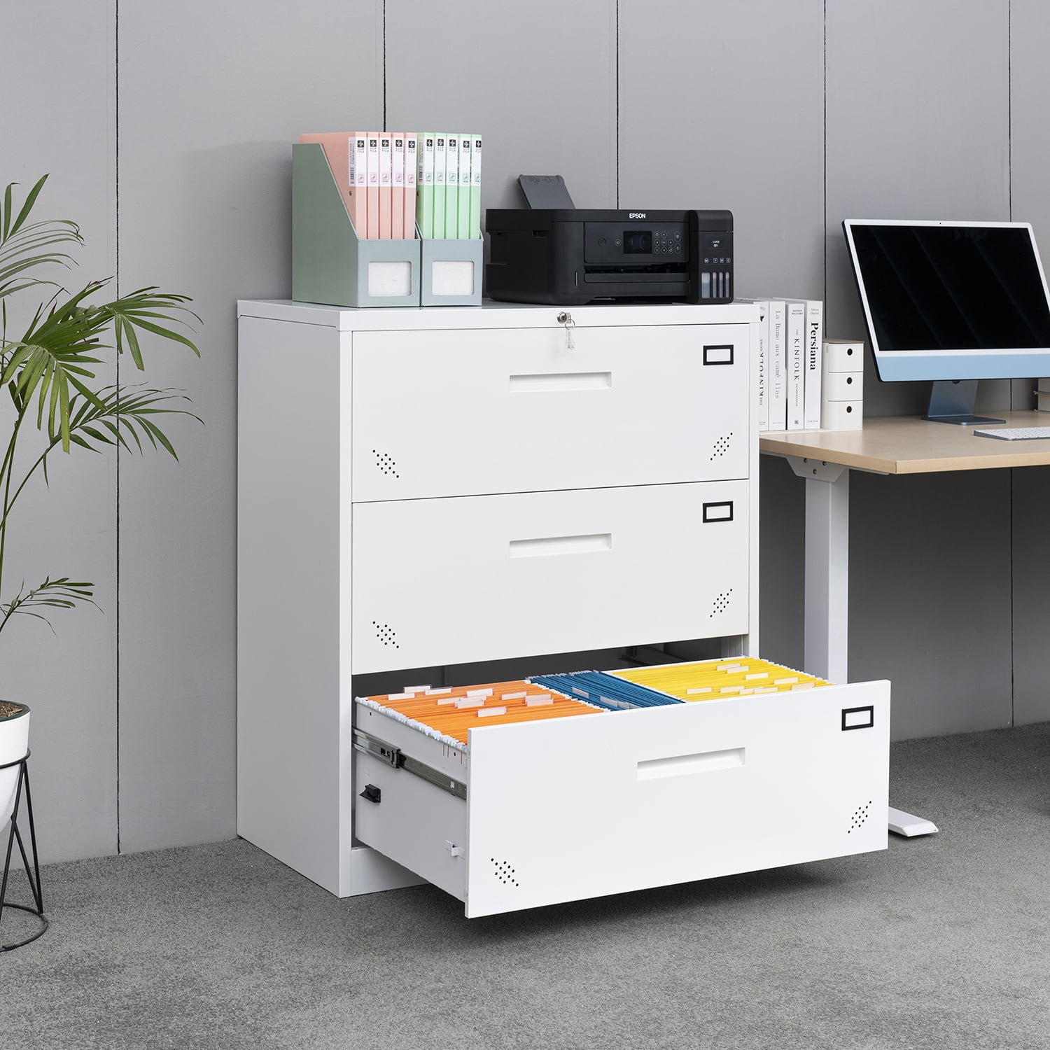 Kadyn Lateral File Storage Cabinet, 3 Drawer Filing Cabinet with Lock, Steel Office Wide File Cabinet for Home Office, White Kadyn Lateral File Storage Cabinet, 3 Drawer Filing Cabinet with Lock, Steel Office Wide File Cabinet for Home Office, White