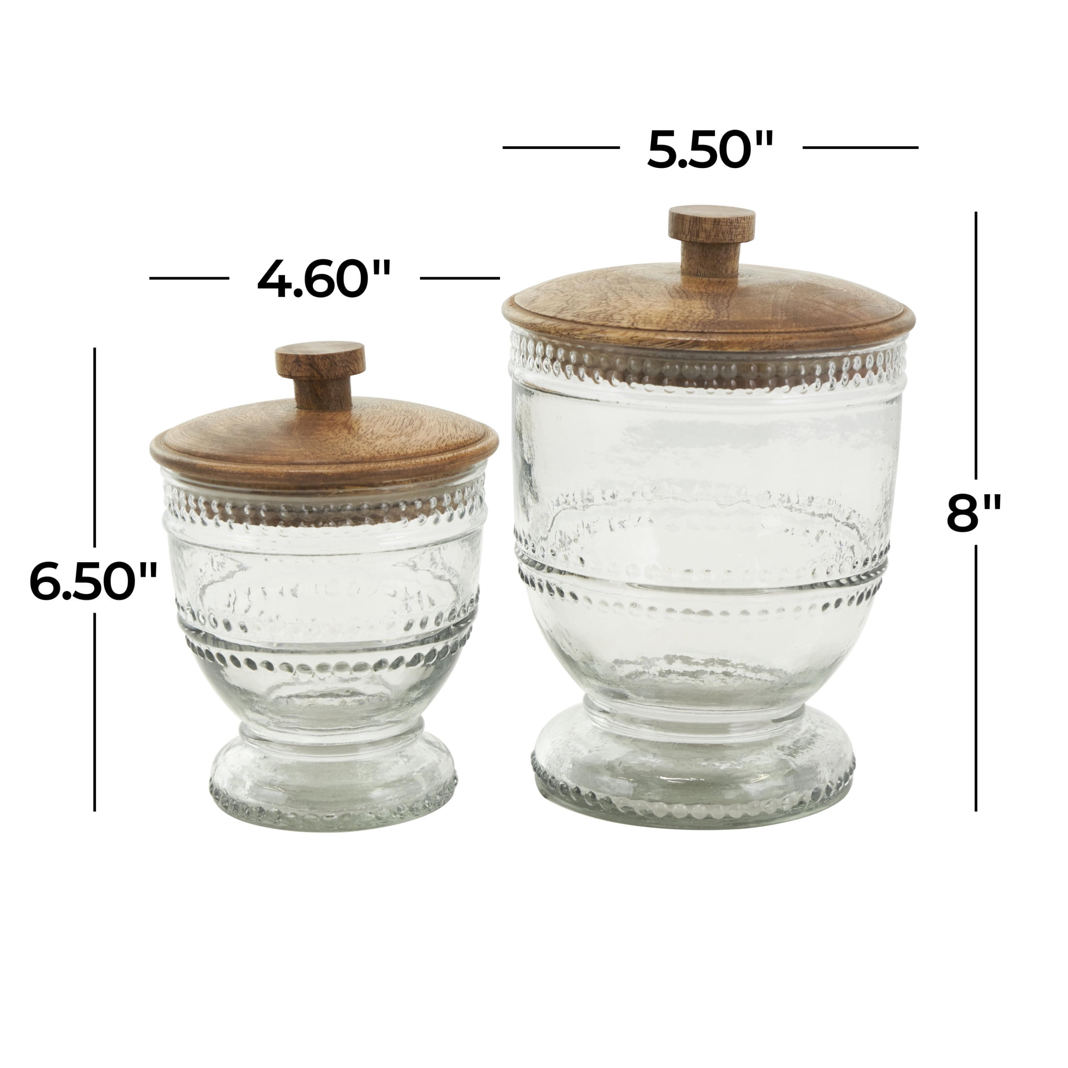 DecMode 8", 7"H Clear Glass Beaded Decorative Jars with Wood Lids, 2-Pieces