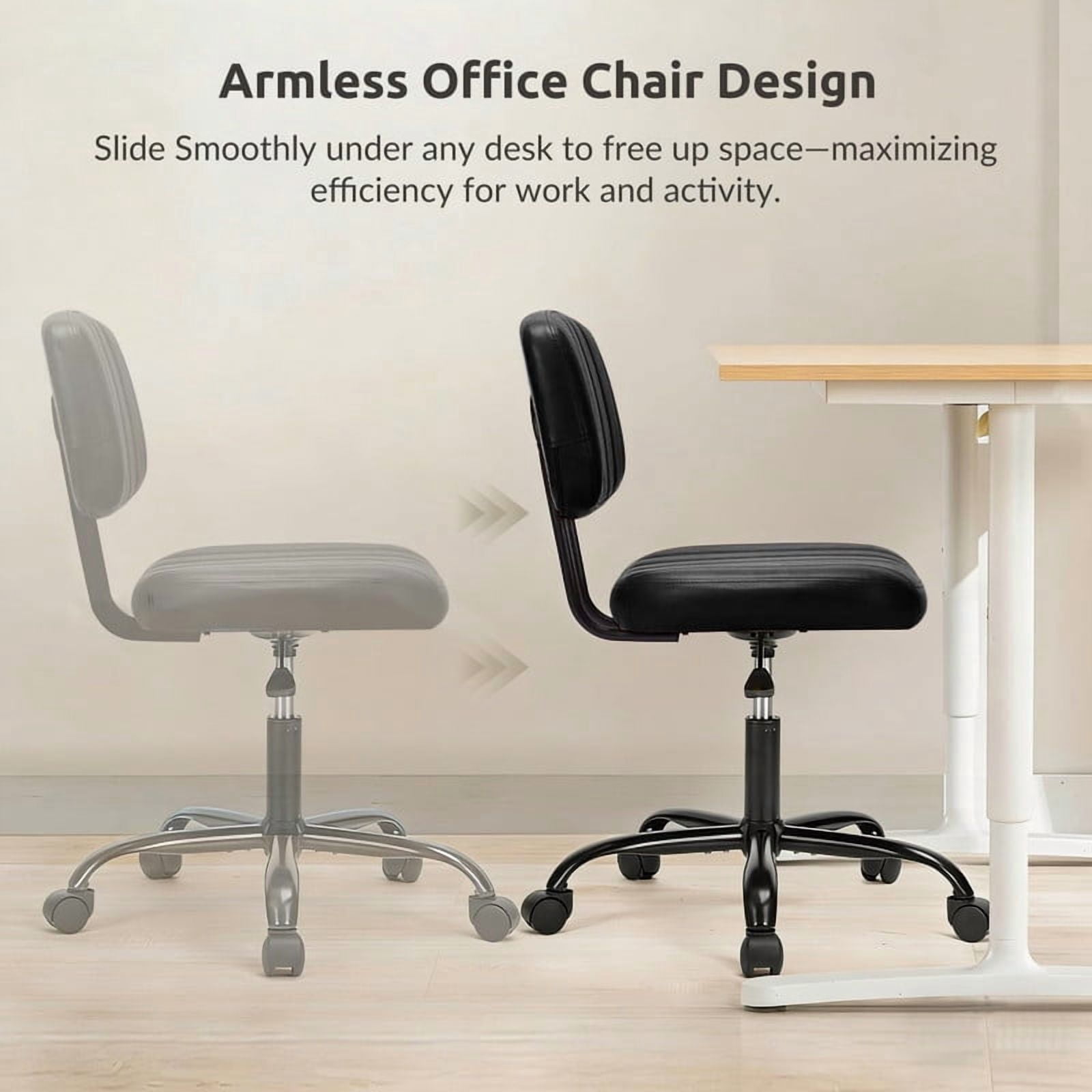 Kelno Armless Desk Chair Height Adjustable Swivel Rolling PU Leather Task Chair with Lumbar Support, Black
