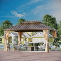 GAZEBETER 12' x 16' Hardtop Gazebo, Brown, Double Roof, Galvanized Steel, Netting & Curtains