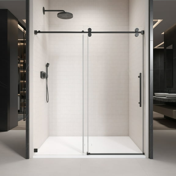66 in. W x 76 in. H Single Sliding Frameless Shower Enclosure With Clear Glass in Matte Black