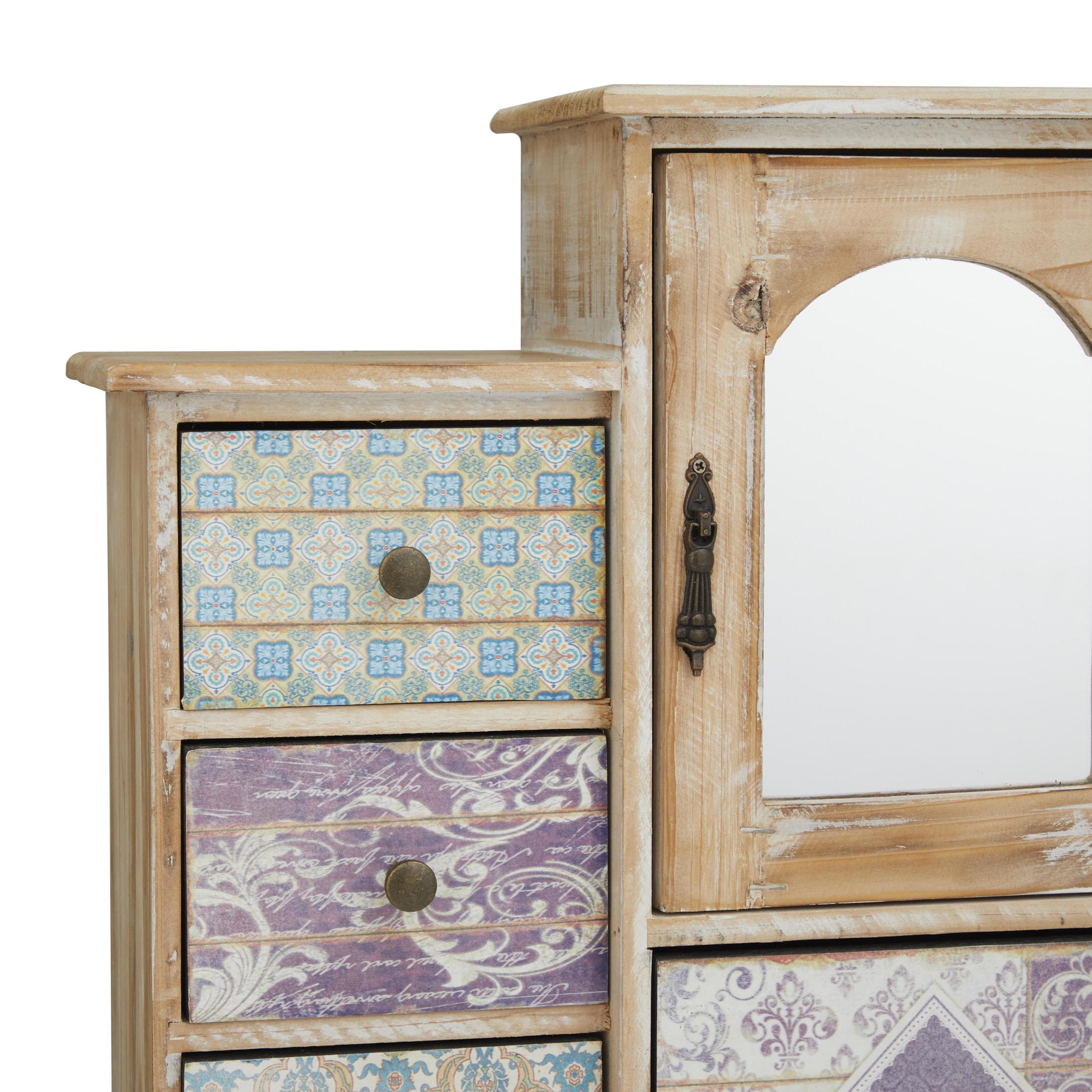 DecMode Scroll 7 Drawers Light Brown Wooden Decorative Jewelry Box with Patchwork Patterns