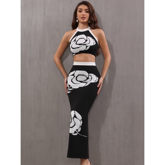 Women Celebrity Sexy Backless Halter Rose Jacquard Two Piece Midi Bandage Set 2024 Celebrity Designer Evening Party Women's Set