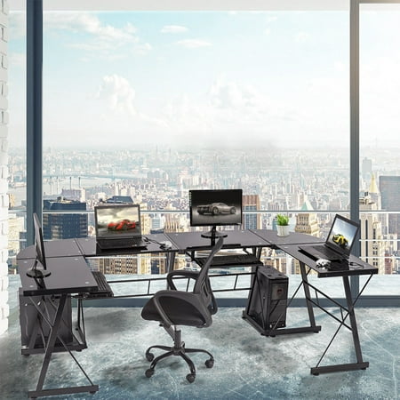 Set Of 2 L Shaped Desk Office Computer Glass Corner Desk With