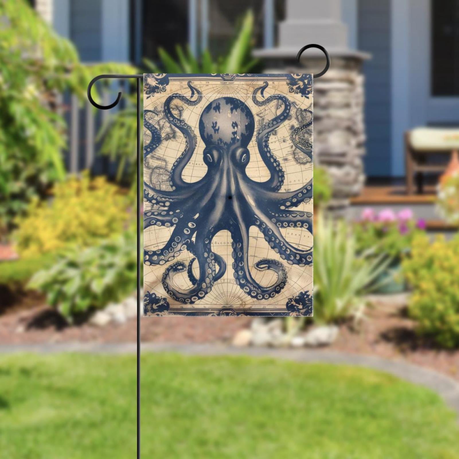 Funny Ocean Octopus Anchor Vintage Coastal Map Double Sided Garden Flag Decorative Weather Resistant Yard Flag, Large DIY Vertical Flag for Farmhouse Patio Lawn, 28x40 Inch