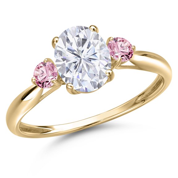 Gem Stone King 10K Yellow Gold White Moissanite and Pink Lab Grown Diamond 3-Stone Ring for Women | 1.76 Cttw | Oval 8X6MM | Gemstone Birthstone | Size 7
