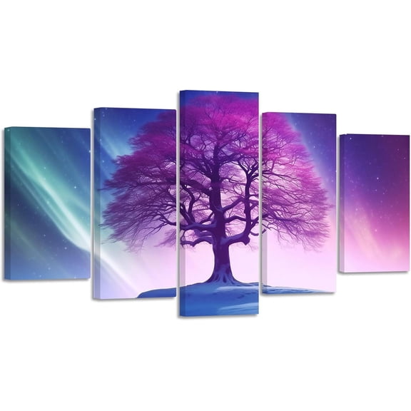ZHONGYUTONG Northern Lights Wall Art 5 Pieces Big Tree with Aurora Borealis Painting Nature Scenery Canvas Prints Wall Decor for Office Living Room Framed (8"x14"x2 8"x18"x2 8"x22"x1)