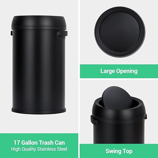 Basics Round Stainless Steel Trash Can with Swing lid, Large Kitchen Round Can - 65 Litre/ 17.2 Gallon, Silver, Black,White