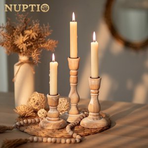 Nuptio Wooden Farmhouse Taper Candlestick Holders, Set of 3
