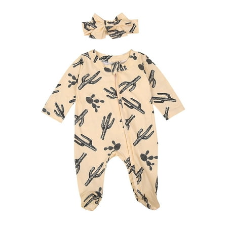 

Nokpsedcb Infant Baby Girls Boys Clothing Sets Zipper Cactus Footies Jumpsuits Headband Apricot 3-6 Months