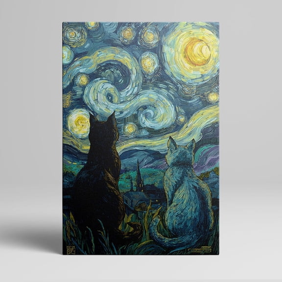 1pc Starry Night - inspired Canvas Wall Art with Two Cats Looking at the Stars, framed Decor room hanging Wall Picture Decor for Home Gifts, living room, bathroom, bedroom, kitchen wall art decor can