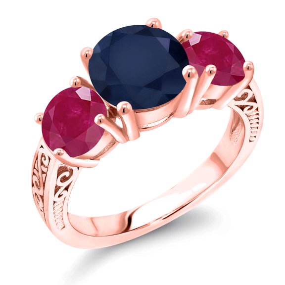 Gem Stone King 18K Rose Gold Plated Silver Blue Sapphire and Red Ruby Engagement Ring for Women | 4.46 Cttw | Round 8MM | Gemstone September Birthstone | Size 7