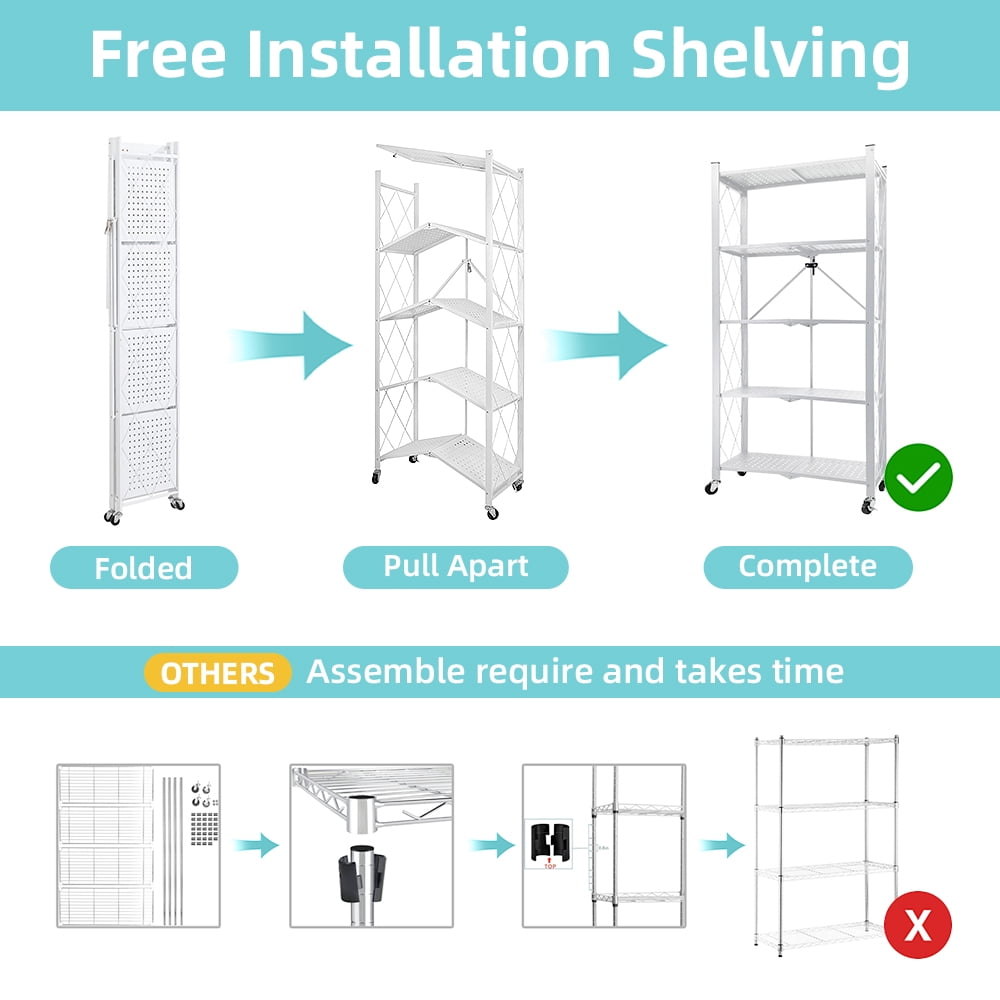 COOKCOK 5-Tier Storage Shelving Unit, Metal Shelf 27.9"x13.4"x62.5, Foldable Storage Shelf with Wheels, Garage Shelf, Metal Storage Rack, Kitchen Shelf with 4 Hooks, No Assemble Require, White