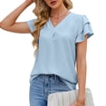 thumbnail image 1 of Blusa plisada de manga corta con volantes y cuello en V para mujer, camisa de manga corta a la moda suave y agradable para la piel, 1 of 6