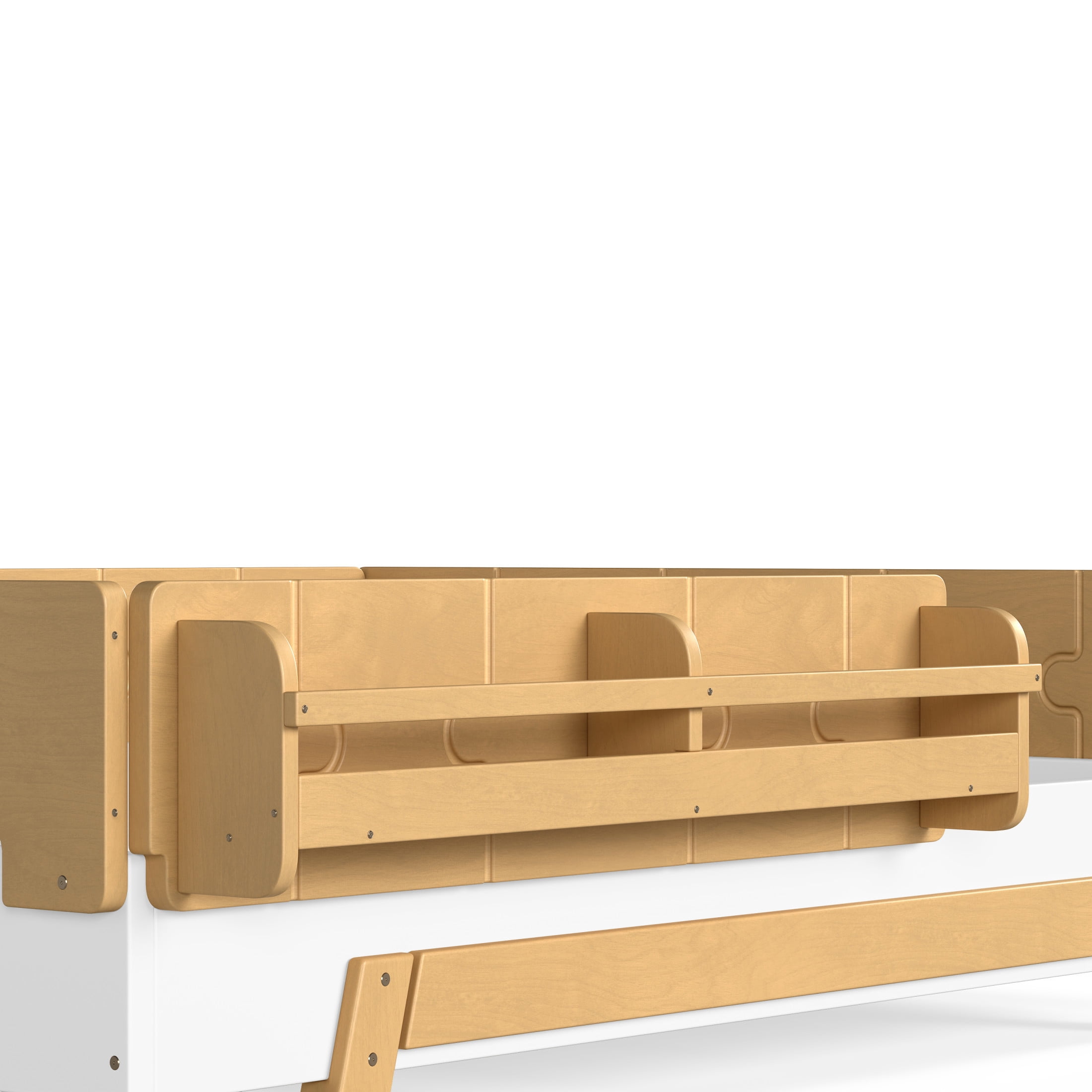 GDF Studio Full Size Montessori Floor Bed with Guardrails & Bookshelves, Building Block Design, White+Natural