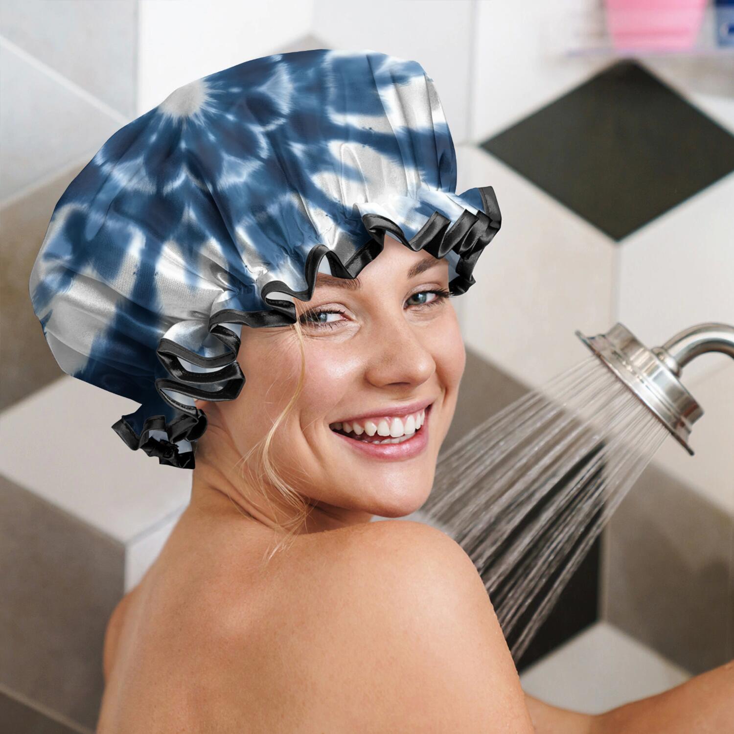 Shower Caps,Blue Tie Dye Flower Mandala Pattern Waterproof Shower Cap for Women 4 Pieces,Double Reusable Hair Cover for Shower PEVA Elastic Stretch Hem