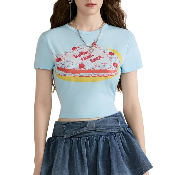Baby Sweetie Women Baby Tee Crop Tops Cake/Lemon/Fish Print Short Sleeve Slim Fit Summer Crop Tops Streetwear