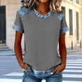 thumbnail image 2 of jtjvou Womens Waffle Knit T Shirts Denim Spliced Short Sleeve Tops Crew Neck Casual Color Block Blouses Tees Gray L, 2 of 5