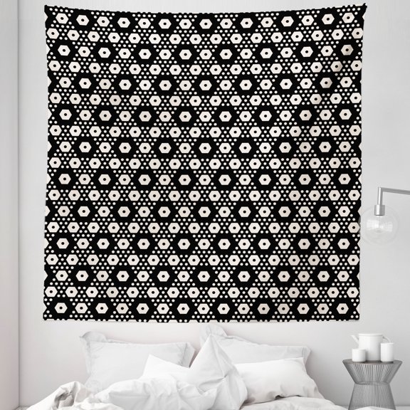 Geometric Tapestry, Symmetric Pattern Big and Small Hexagon Forms Modern Style Abstract Design, Fabric Wall Hanging Decor for Bedroom Living Room Dorm, 5 Sizes, Black and Beige, by Ambesonne