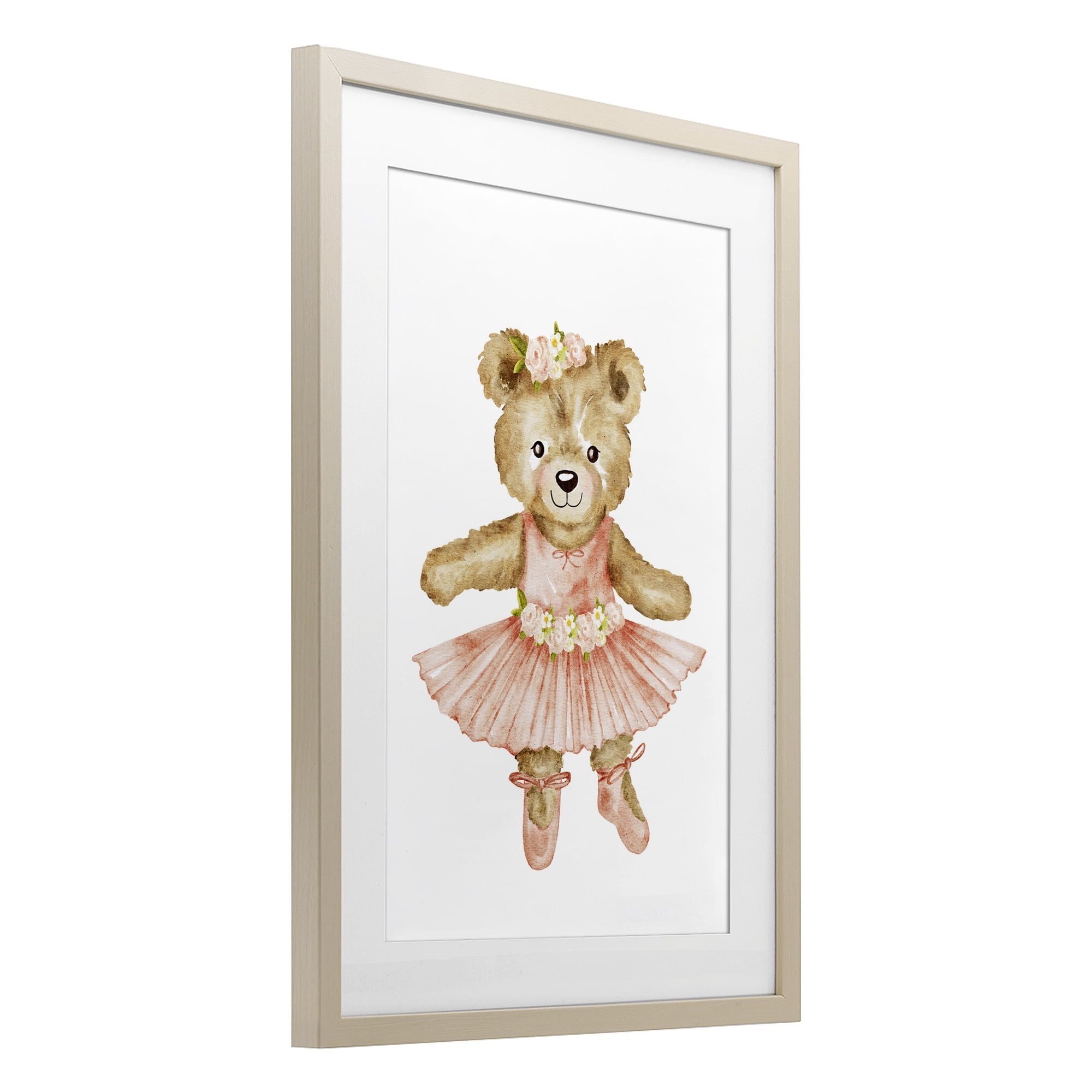 Floral Ballerina Teddy Bear Birch Framed Print Under Glass, design by Amy Hall