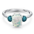 thumbnail image 3 of Gem Stone King 925 Sterling Silver Simulated White Opal and Blue Diamond Engagement Ring for Women | 1.54 Cttw | Oval Cabochon 9X7MM | Gemstone October Birthstone | Size 9, 3 of 6