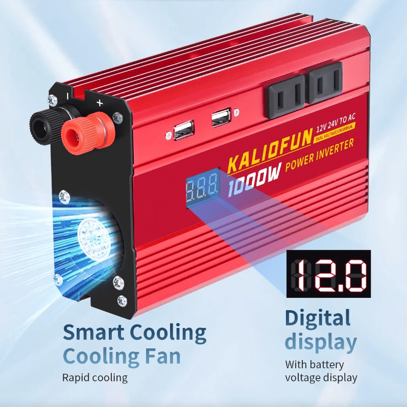 Power Inverter 1000W - 12V/24V Universal Voltage, 110V Output , with LED Display, Red Aluminum Alloy Case