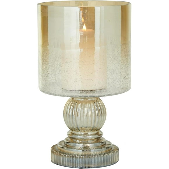 Deco 79 Glass Handmade Turned Style Pillar Hurricane Lamp with Faux Mercury Glass Finish, 6" x 6" x 11", Brass