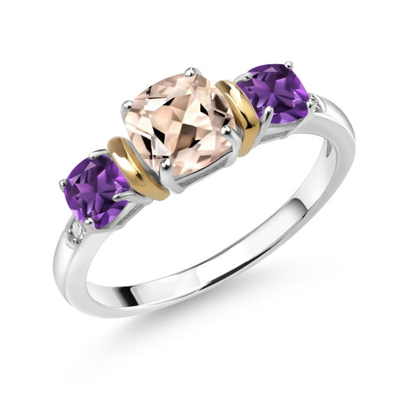 Gem Stone King 1.42 Ct Peach Morganite Purple Amethyst 925 Silver and 10K Yellow Gold Diamond 3-Stone Ring (Size 6)